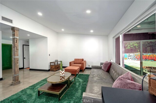 3076 Wauneta St, Newbury Park, CA 91320 - living room featuring ornate columns, recessed lighting, concrete flooring, and baseboards
