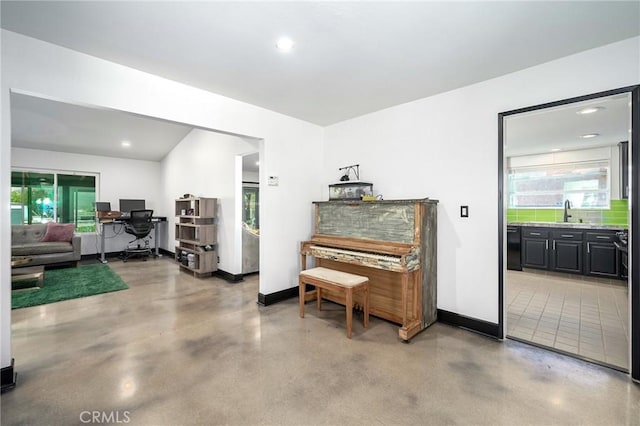 3076 Wauneta St, Newbury Park, CA 91320 - sitting room featuring concrete flooring, a desk, baseboards, and recessed lighting