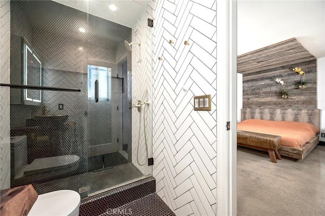 3076 Wauneta St, Newbury Park, CA 91320 - ensuite bathroom with a stall shower, wooden walls, and toilet