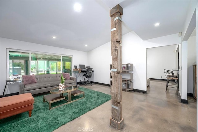 3076 Wauneta St, Newbury Park, CA 91320 - living room with finished concrete floors, baseboards, recessed lighting, a desk, and lofted ceiling
