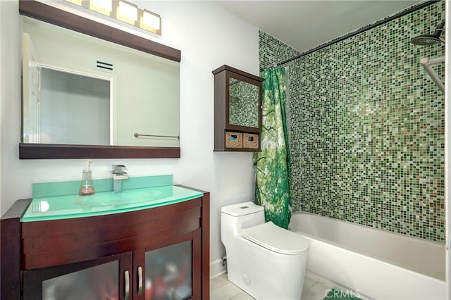 3076 Wauneta St, Newbury Park, CA 91320 - bathroom with shower / bath combination with curtain, vanity, toilet, and tile patterned floors