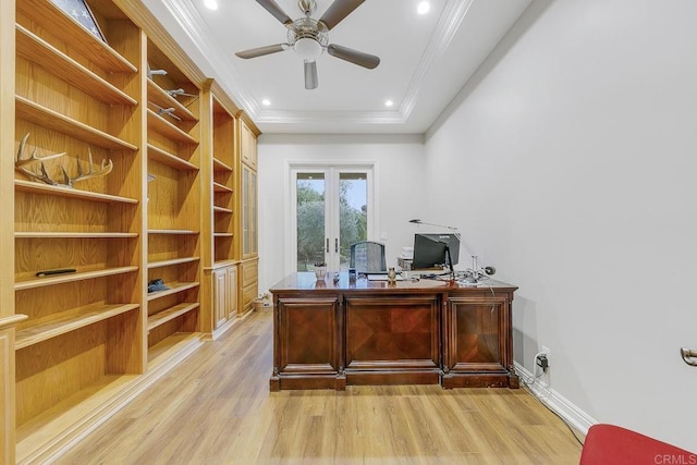 1508 Sequoia Ln, Vista, CA 92081 - office featuring light wood-type flooring, french doors, ceiling fan, ornamental molding, and a raised ceiling
