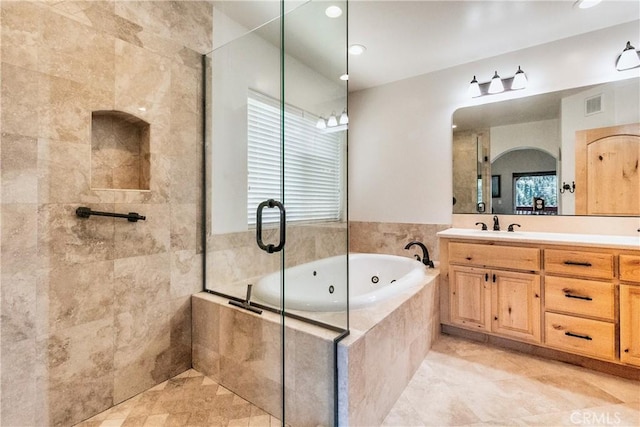 26855 Inyo Ct, Lake Arrowhead, CA 92352 - bathroom featuring tiled shower, a whirlpool tub, vanity, and recessed lighting