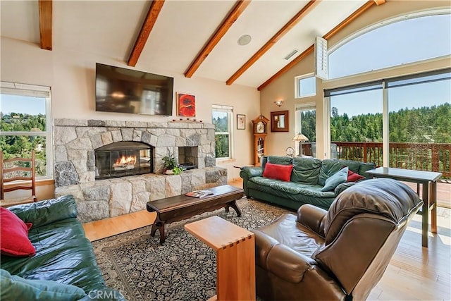 26855 Inyo Ct, Lake Arrowhead, CA 92352 - living room with a fireplace, wood finished floors, high vaulted ceiling, and beam ceiling