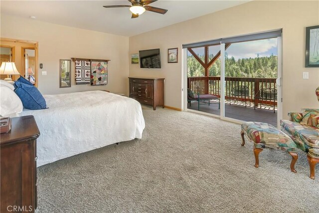 26855 Inyo Ct, Lake Arrowhead, CA 92352 - bedroom featuring carpet floors, access to exterior, a ceiling fan, and baseboards