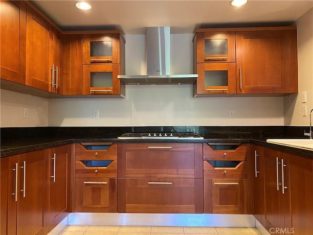 107 N Swall Dr Unit 304, Los Angeles, CA 90048 - kitchen featuring wall chimney exhaust hood, a sink, gas cooktop, brown cabinets, and recessed lighting