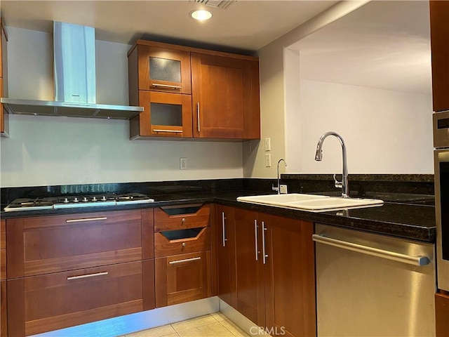 107 N Swall Dr Unit 304, Los Angeles, CA 90048 - kitchen featuring wall chimney exhaust hood, stainless steel appliances, a sink, brown cabinetry, and glass insert cabinets