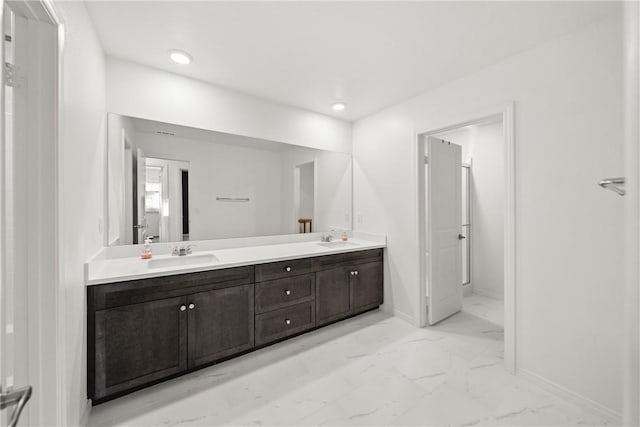 33168 Toledo Bend Ct, Winchester, CA 92596 - full bath with marble finish flooring, double vanity, and recessed lighting