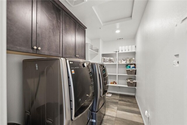 33168 Toledo Bend Ct, Winchester, CA 92596 - laundry area featuring cabinet space, separate washer and dryer, and attic access