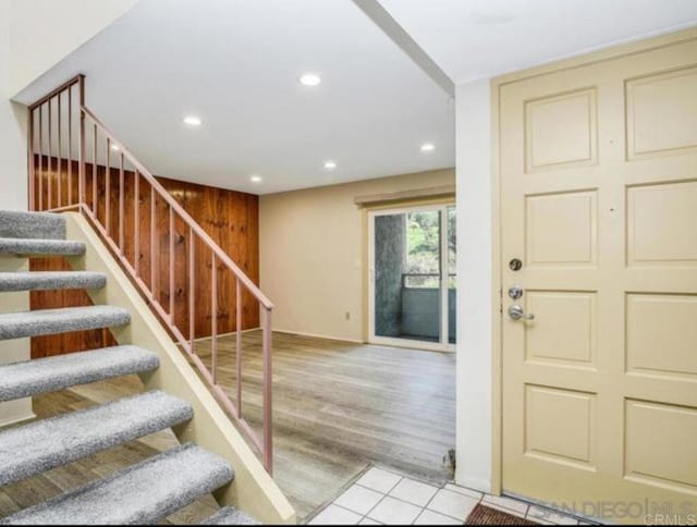5366 Lake Murray Blvd, La Mesa, CA 91942 - foyer with stairway, recessed lighting, light tile patterned flooring, and baseboards