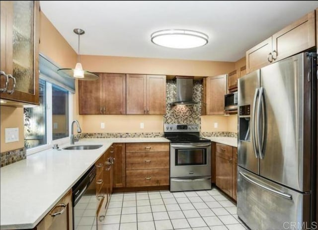 5366 Lake Murray Blvd, La Mesa, CA 91942 - kitchen featuring appliances with stainless steel finishes, a sink, wall chimney range hood, decorative backsplash, and light countertops