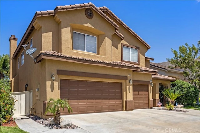 33370 Morning View Dr, Temecula, CA 92592 - view of front of house featuring a garage, a tile roof, driveway, stucco siding, and a chimney