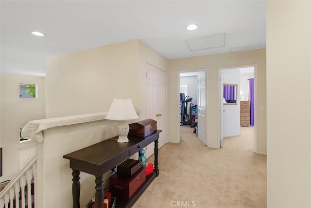 33370 Morning View Dr, Temecula, CA 92592 - corridor with light carpet, recessed lighting, and attic access