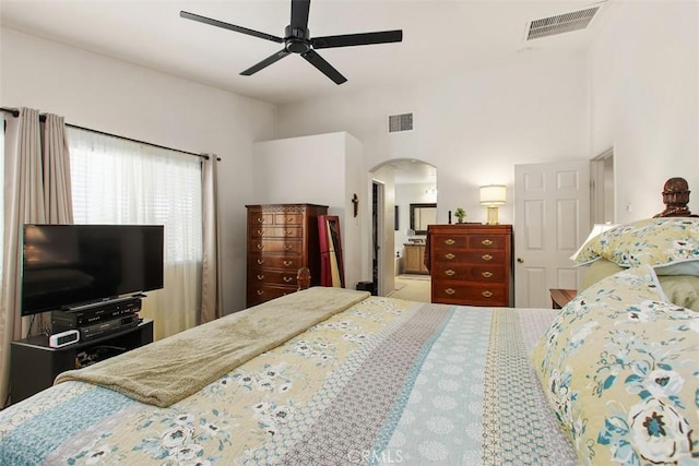 33370 Morning View Dr, Temecula, CA 92592 - bedroom featuring arched walkways, a ceiling fan, and ensuite bathroom