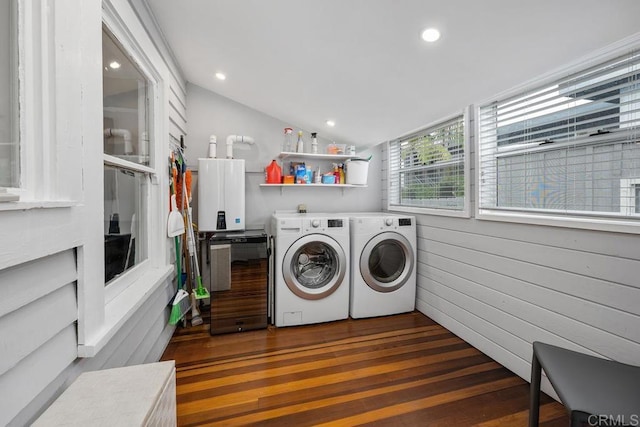 3818 Herbert St, San Diego, CA 92103 - laundry room featuring washer and clothes dryer, tankless water heater, dark wood-type flooring, and recessed lighting