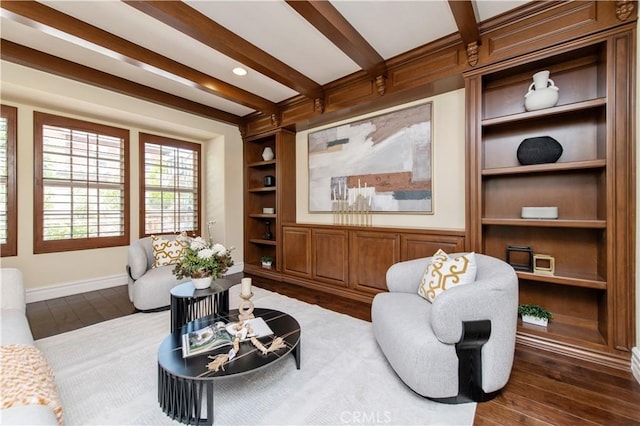 29 Shepard, Irvine, CA 92620 - living area featuring built in shelves, beam ceiling, dark wood-style floors, and baseboards