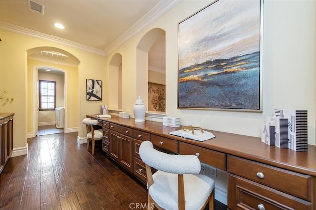 29 Shepard, Irvine, CA 92620 - office area featuring dark wood-type flooring, ornamental molding, baseboards, arched walkways, and recessed lighting