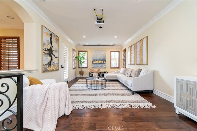 29 Shepard, Irvine, CA 92620 - living room with crown molding, wood finished floors, arched walkways, baseboards, and recessed lighting