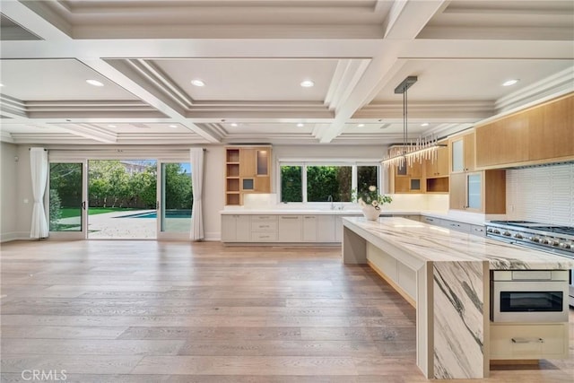 1410 Santa Margarita Dr, Arcadia, CA 91006 - kitchen featuring coffered ceiling, light wood-style flooring, recessed lighting, beam ceiling, and a kitchen island