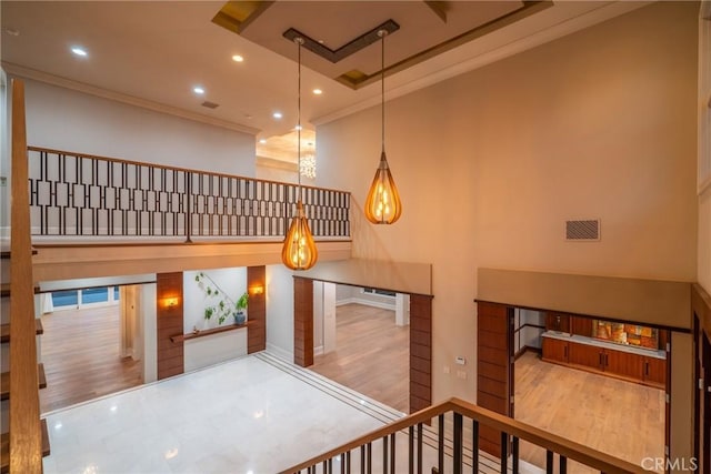 1410 Santa Margarita Dr, Arcadia, CA 91006 - stairway featuring wood finished floors, crown molding, and recessed lighting