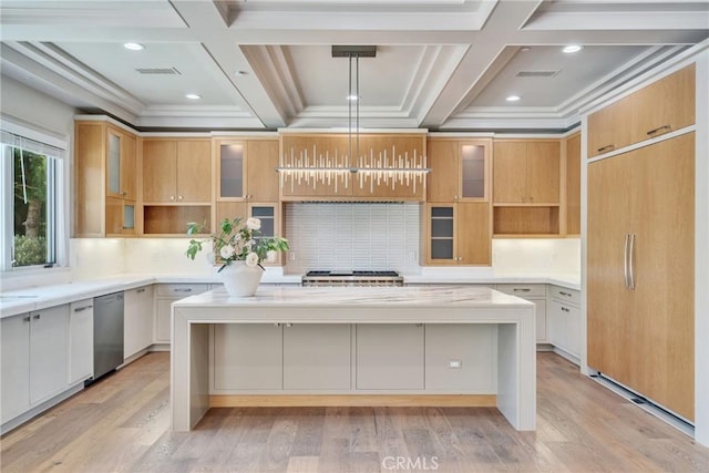 1410 Santa Margarita Dr, Arcadia, CA 91006 - kitchen with open shelves, a kitchen island, coffered ceiling, stainless steel dishwasher, and light countertops