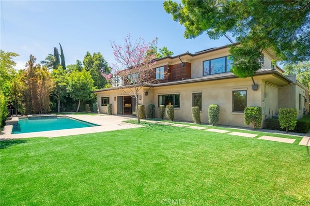 1410 Santa Margarita Dr, Arcadia, CA 91006 - back of property with stucco siding, a yard, an outdoor pool, a patio area, and a chimney