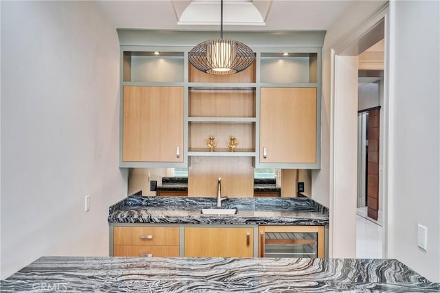 1410 Santa Margarita Dr, Arcadia, CA 91006 - kitchen featuring open shelves, dark stone counters, wine cooler, and pendant lighting