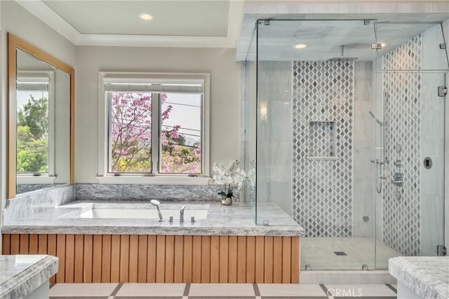 1410 Santa Margarita Dr, Arcadia, CA 91006 - bathroom featuring a shower stall, a bath, and recessed lighting