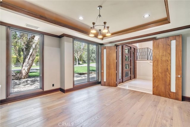 1410 Santa Margarita Dr, Arcadia, CA 91006 - spare room featuring a raised ceiling, a chandelier, ornamental molding, wood-type flooring, and recessed lighting