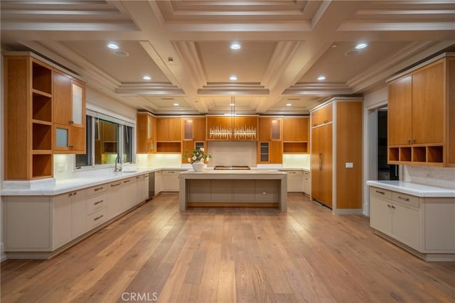 1410 Santa Margarita Dr, Arcadia, CA 91006 - kitchen featuring open shelves, coffered ceiling, light wood-style floors, a kitchen island, and ornamental molding