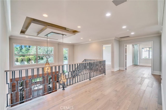 1410 Santa Margarita Dr, Arcadia, CA 91006 - corridor featuring ornamental molding, recessed lighting, wood finished floors, and an upstairs landing