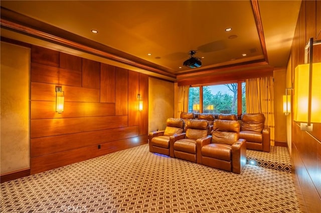 1410 Santa Margarita Dr, Arcadia, CA 91006 - home theater featuring a tray ceiling, crown molding, and wood walls