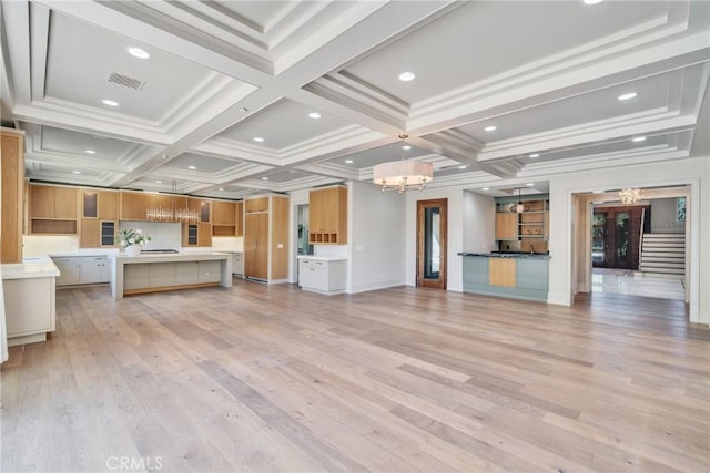 1410 Santa Margarita Dr, Arcadia, CA 91006 - unfurnished living room with a chandelier, light wood-style flooring, coffered ceiling, recessed lighting, and beamed ceiling