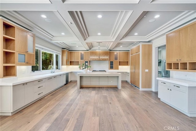 1410 Santa Margarita Dr, Arcadia, CA 91006 - kitchen featuring open shelves, coffered ceiling, backsplash, a spacious island, and crown molding