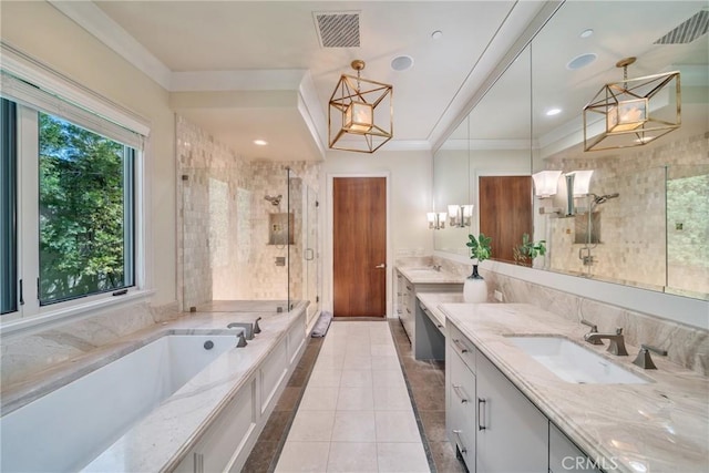1410 Santa Margarita Dr, Arcadia, CA 91006 - full bathroom with a stall shower, vanity, a garden tub, tile patterned flooring, and a chandelier