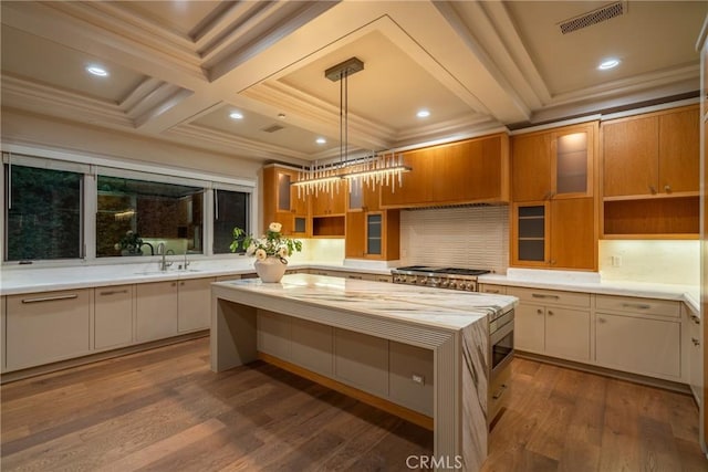 1410 Santa Margarita Dr, Arcadia, CA 91006 - kitchen featuring coffered ceiling, tasteful backsplash, dark wood-type flooring, beam ceiling, and glass insert cabinets