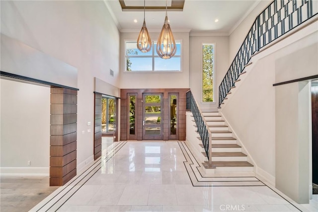 1410 Santa Margarita Dr, Arcadia, CA 91006 - entrance foyer with ornamental molding, a chandelier, stairs, a high ceiling, and recessed lighting