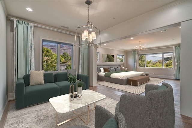 1410 Santa Margarita Dr, Arcadia, CA 91006 - bedroom with a chandelier, crown molding, wood finished floors, and recessed lighting