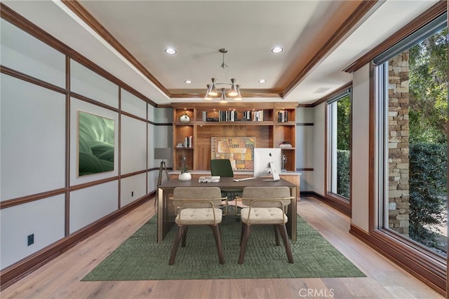 1410 Santa Margarita Dr, Arcadia, CA 91006 - office space with a raised ceiling, ornamental molding, light wood-type flooring, and recessed lighting