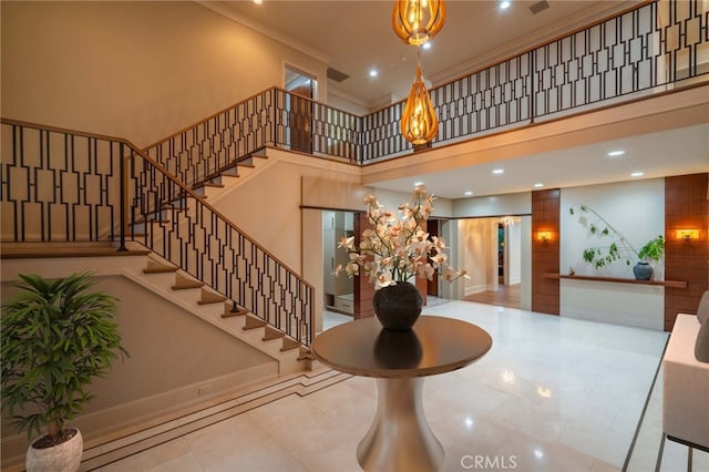 1410 Santa Margarita Dr, Arcadia, CA 91006 - stairs with ornamental molding, a high ceiling, recessed lighting, and tile patterned flooring