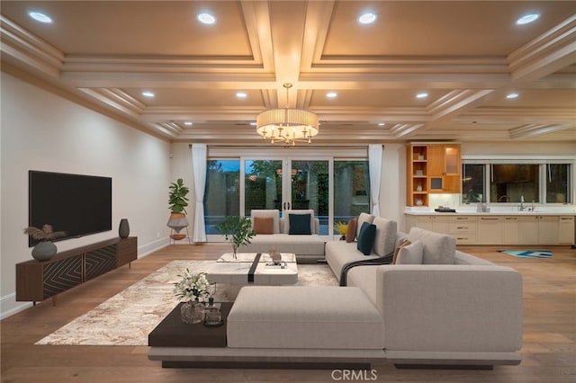 1410 Santa Margarita Dr, Arcadia, CA 91006 - living room featuring coffered ceiling, a chandelier, wood finished floors, ornamental molding, and recessed lighting
