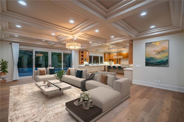 1410 Santa Margarita Dr, Arcadia, CA 91006 - living area featuring a chandelier, coffered ceiling, wood finished floors, crown molding, and recessed lighting