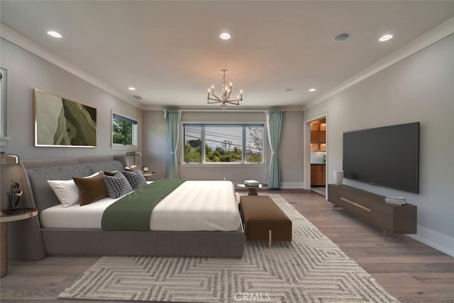 1410 Santa Margarita Dr, Arcadia, CA 91006 - bedroom with crown molding, wood finished floors, a chandelier, and recessed lighting