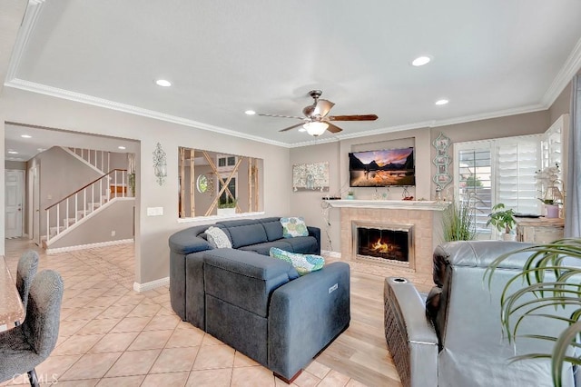 15414 Ficus St, Chino Hills, CA 91709 - living area featuring ceiling fan, stairs, a fireplace, recessed lighting, and ornamental molding
