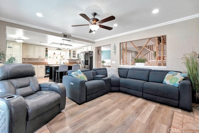 15414 Ficus St, Chino Hills, CA 91709 - living room with a ceiling fan, crown molding, recessed lighting, and light wood-style flooring