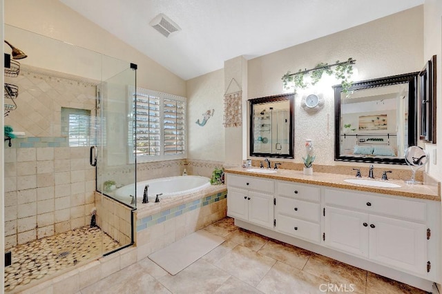 15414 Ficus St, Chino Hills, CA 91709 - full bathroom featuring a garden tub, vaulted ceiling, a stall shower, double vanity, and tile patterned floors