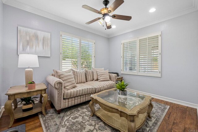 31920 Pasos Pl, Temecula, CA 92591 - living room featuring ceiling fan, wood finished floors, recessed lighting, and ornamental molding