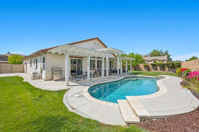 31920 Pasos Pl, Temecula, CA 92591 - view of pool with a pergola, a fenced backyard, a patio, a gate, and a grill