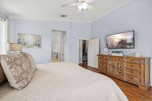 31920 Pasos Pl, Temecula, CA 92591 - bedroom with ornamental molding, wood finished floors, ensuite bath, and ceiling fan