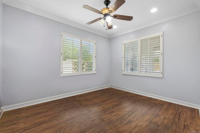 31920 Pasos Pl, Temecula, CA 92591 - unfurnished room with dark wood-style flooring, ceiling fan, ornamental molding, and recessed lighting